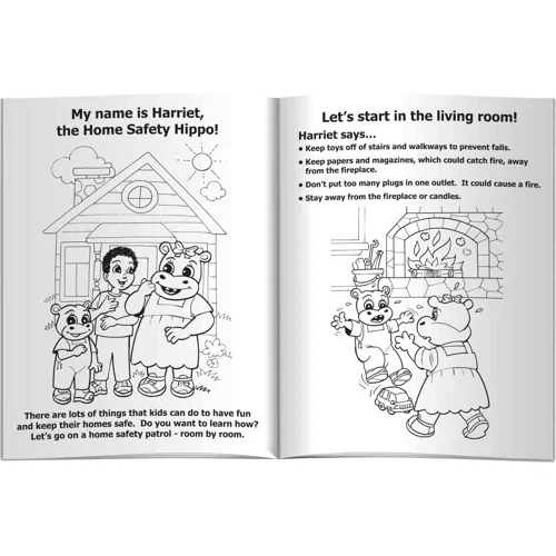 Home Safety Harriet Hippo combo pack kitted in clear poly bag, book and crayons together