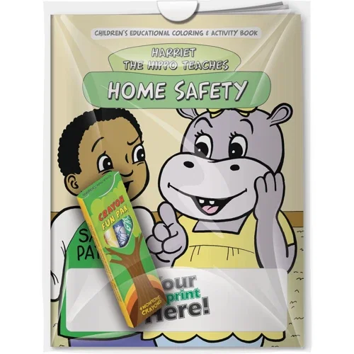 Home Safety with Harriet the Hippo coloring book and imprinted crayons combo, hero front view