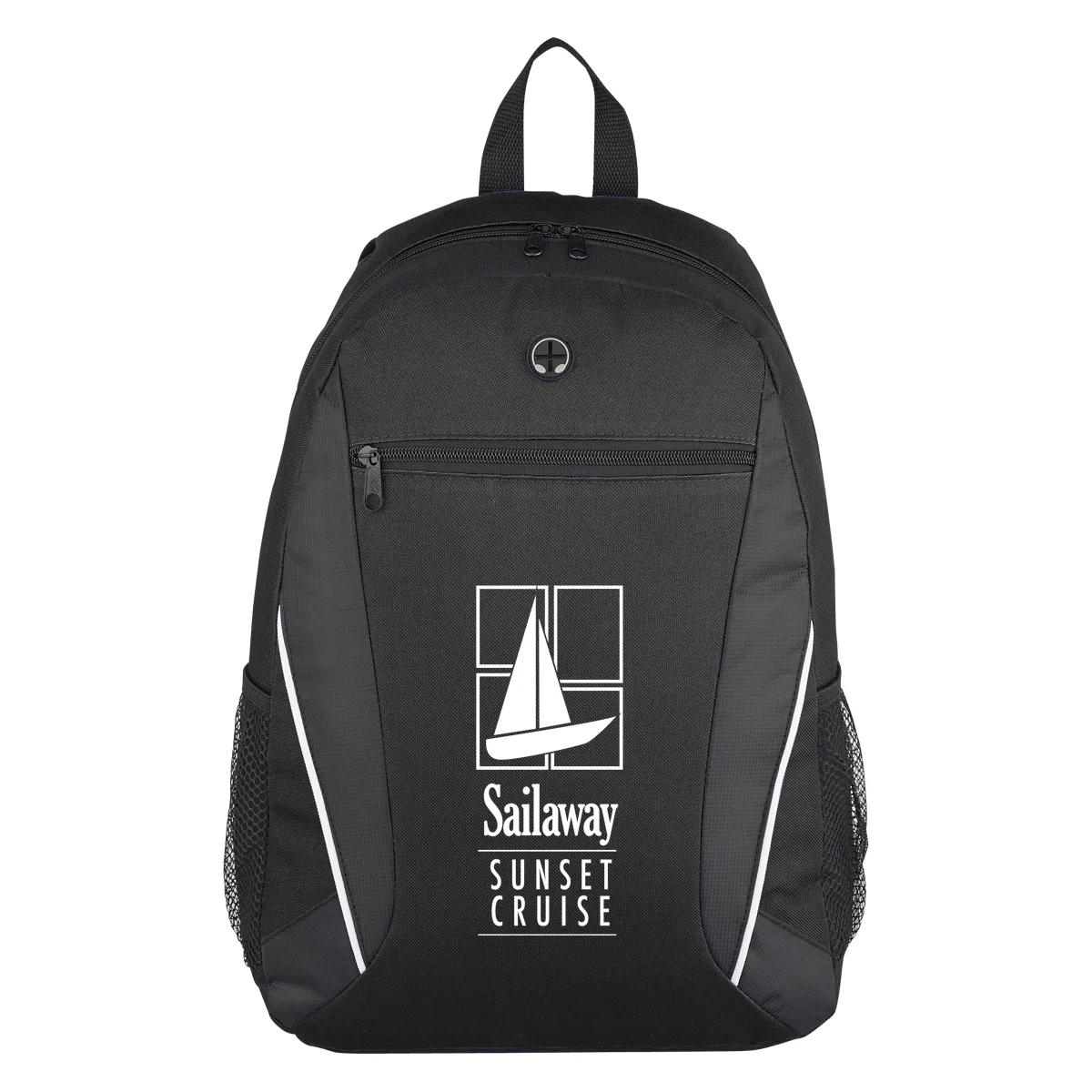 Black backpack shown upright with both shoulder straps visible