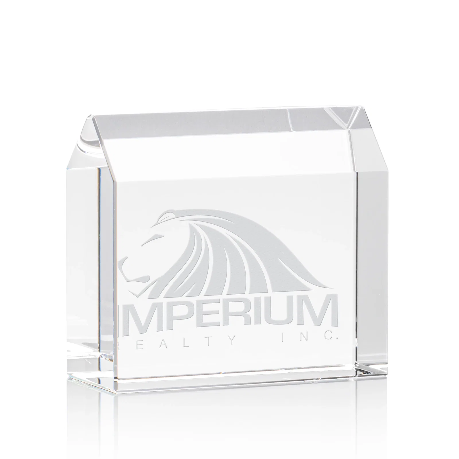 Custom House-Shaped Crystal Paperweight, 4" x 3.5" x 1.75" with Peaked Roof, realtor closing gift for employee recognition