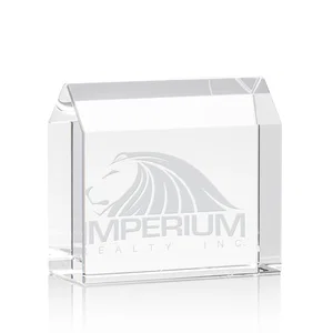 House-Shaped Crystal Paperweight, 4" x 3.5" x 1.75" with Peaked Roof