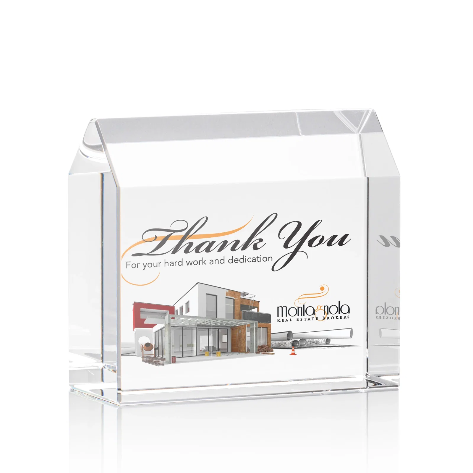 Custom House-Shaped Crystal Paperweight, 4" x 3.5" x 1.75" with Peaked Roof, realtor closing gift for service anniversary gifts