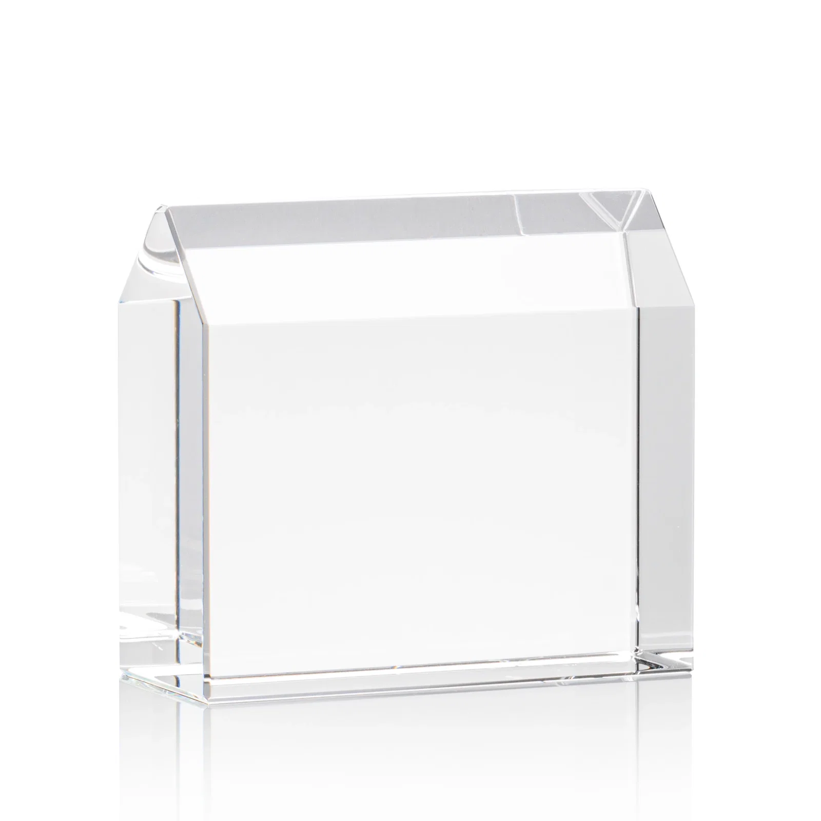 Custom House-Shaped Crystal Paperweight, 4" x 3.5" x 1.75" with Peaked Roof, realtor closing gift for sales achievement awards