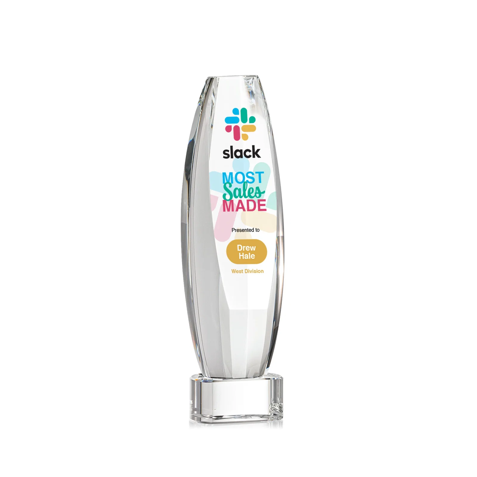Personalized Optical Crystal Tower Award With a Large Sheared Engraving Face, awards for donor appreciation
