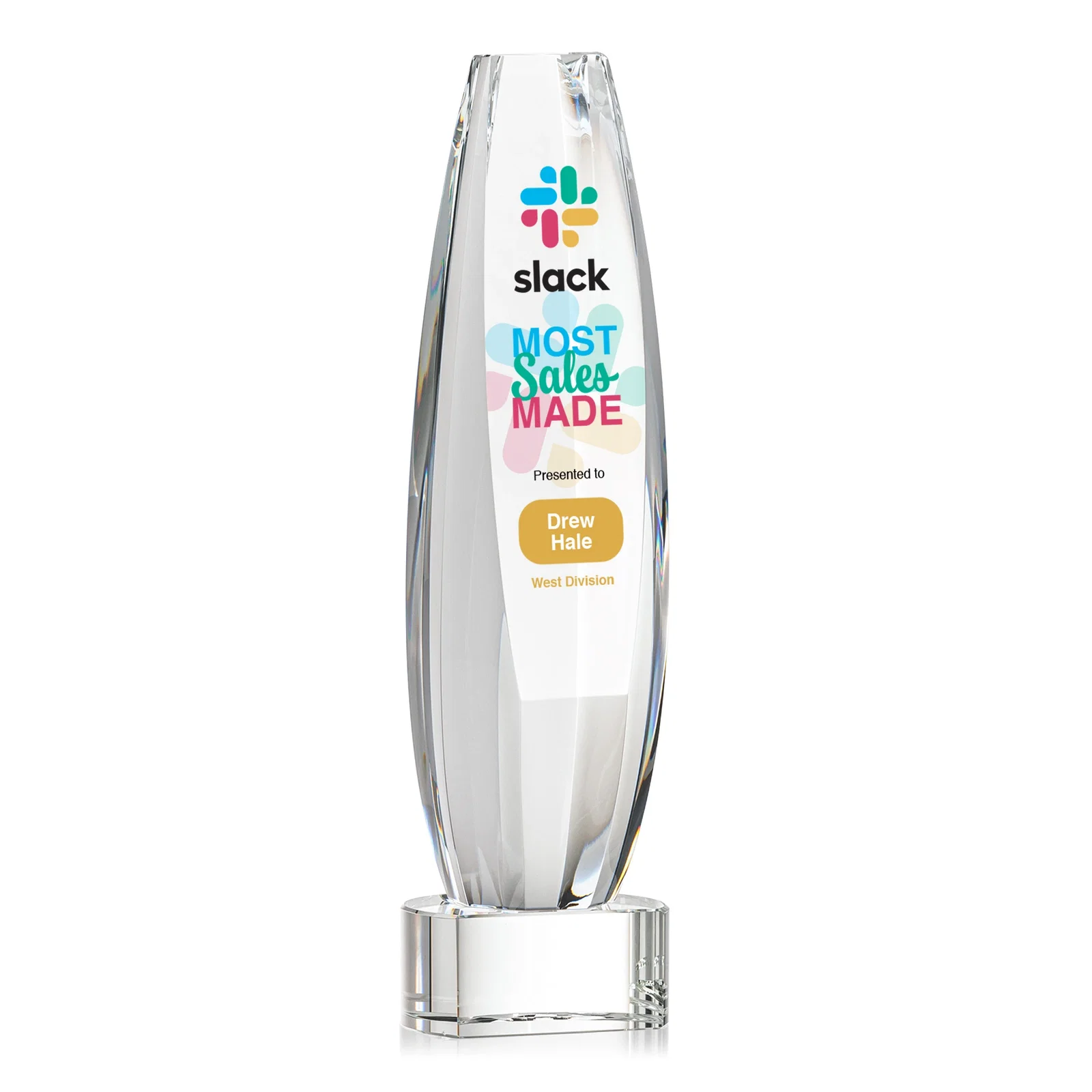 Personalized Optical Crystal Tower Award With a Large Sheared Engraving Face, awards for safety achievement programs