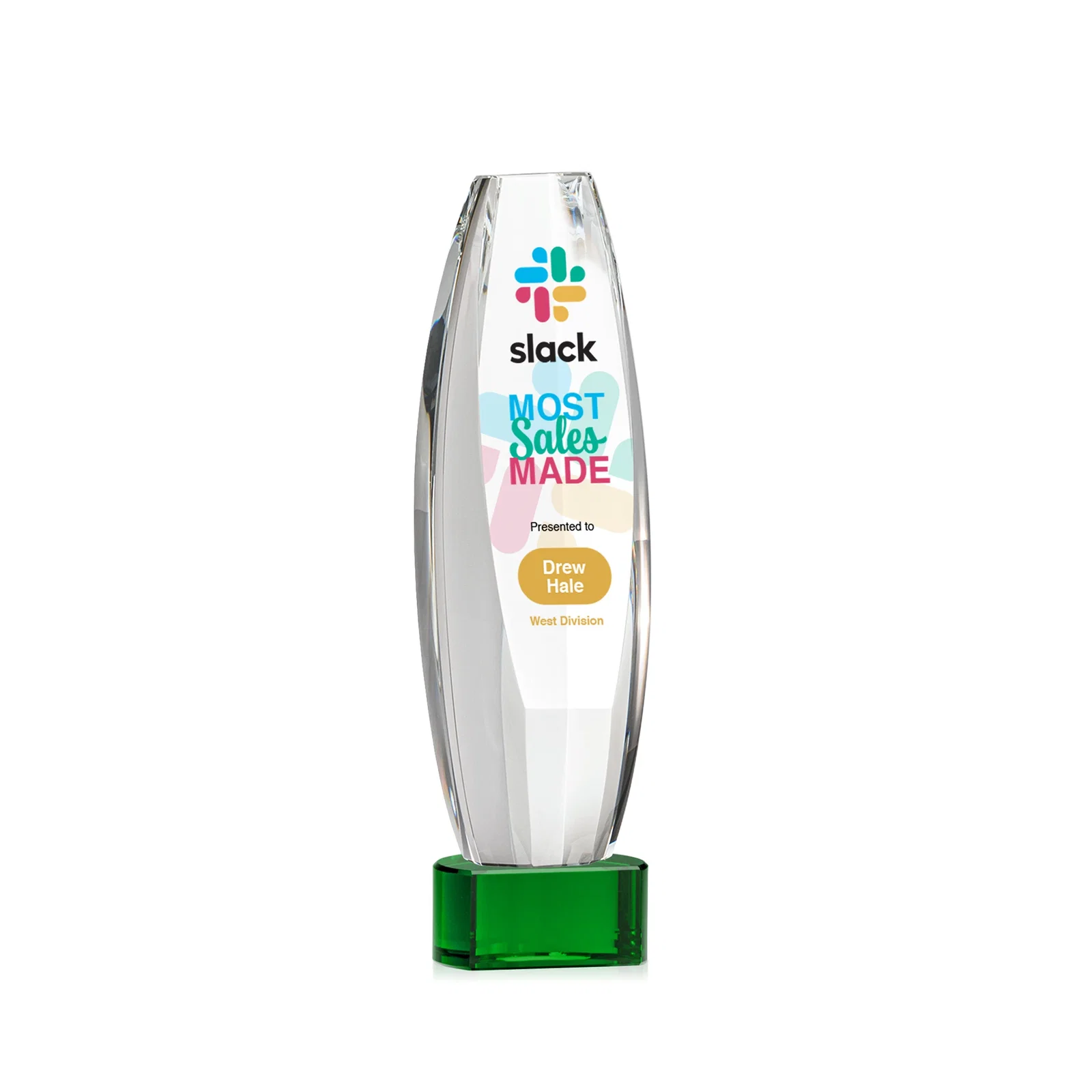 Personalized Optical Crystal Tower Award With a Large Sheared Engraving Face, awards for dealer and partner awards