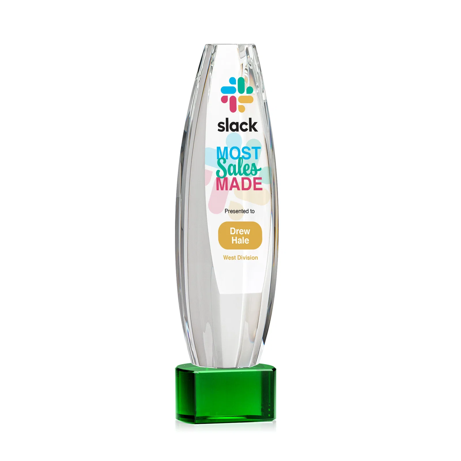 Personalized Optical Crystal Tower Award With a Large Sheared Engraving Face, awards for company anniversary events