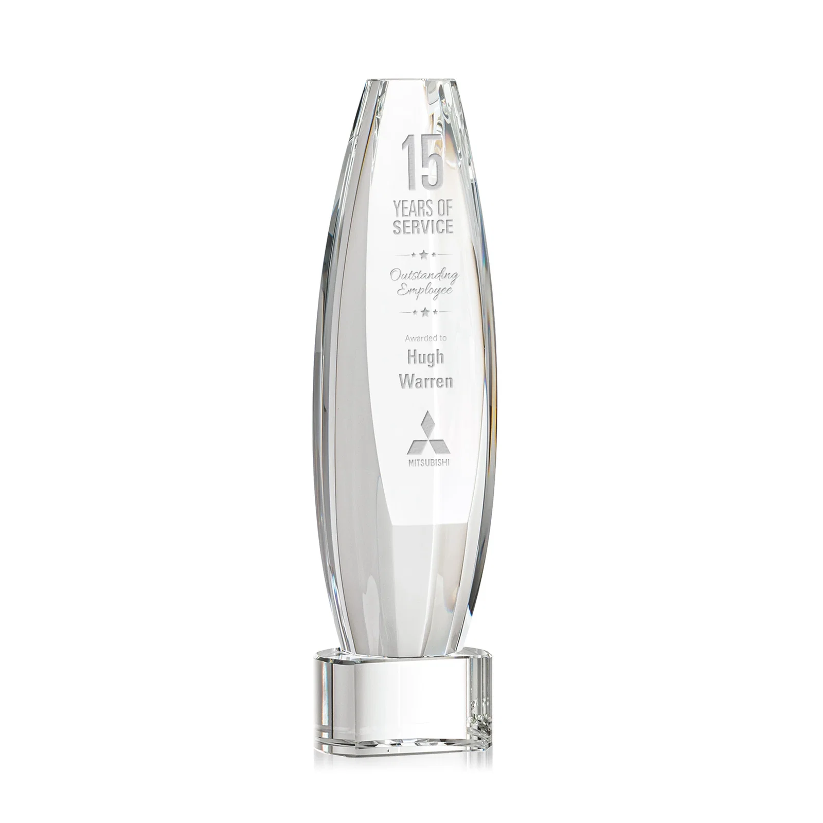 Custom Optical Crystal Tower Award With a Large Sheared Engraving Face, awards for service anniversary gifts