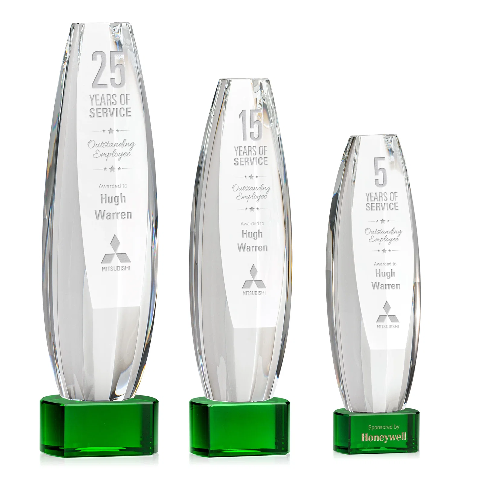 Custom Optical Crystal Tower Award With a Large Sheared Engraving Face, awards for retirement presentations