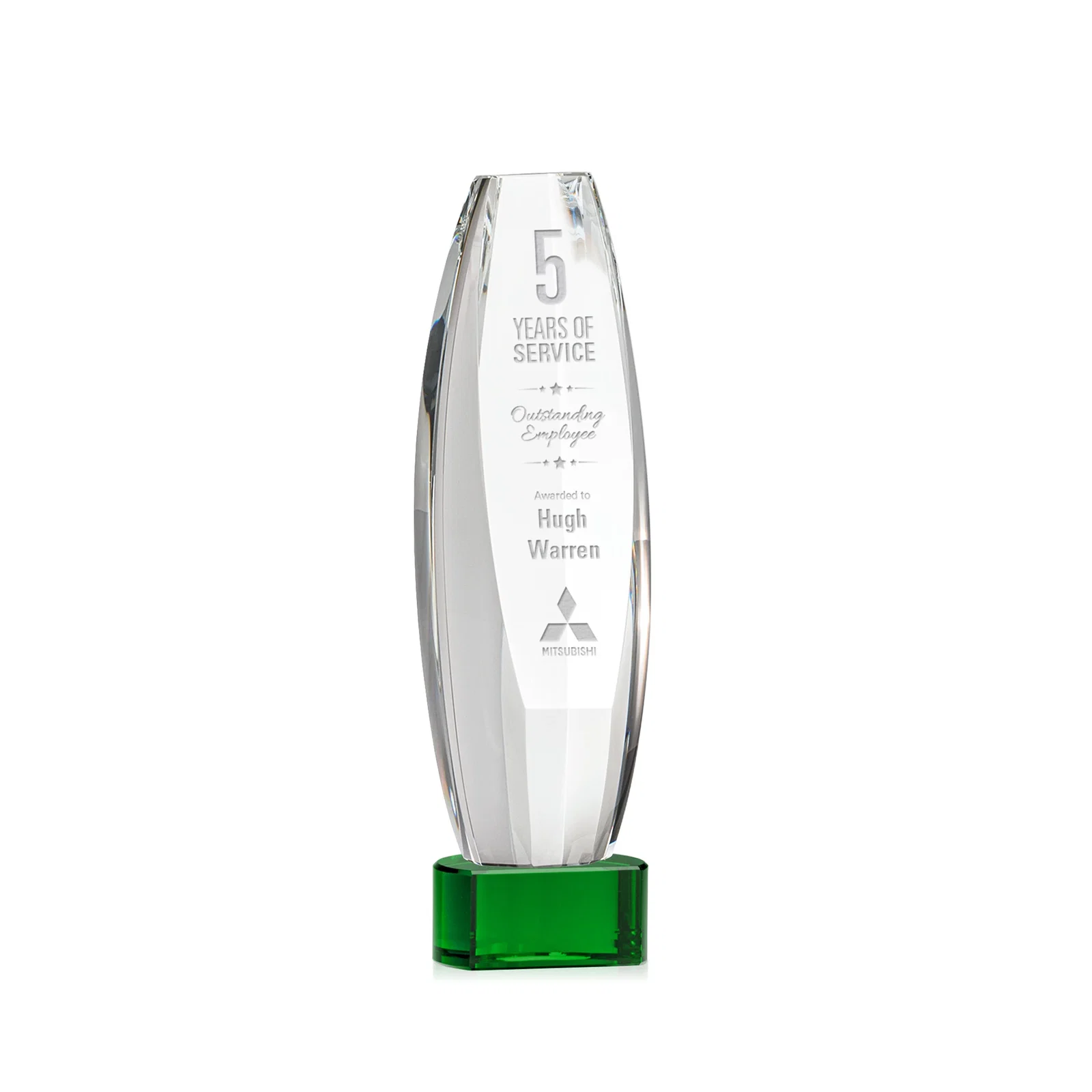Custom Optical Crystal Tower Award With a Large Sheared Engraving Face, awards for team milestone celebrations