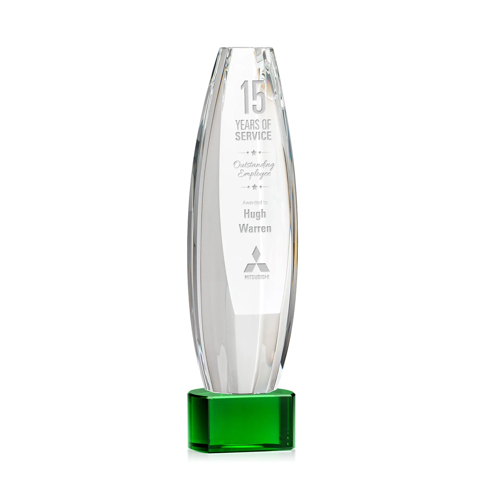 Custom Optical Crystal Tower Award With a Large Sheared Engraving Face, awards for donor appreciation