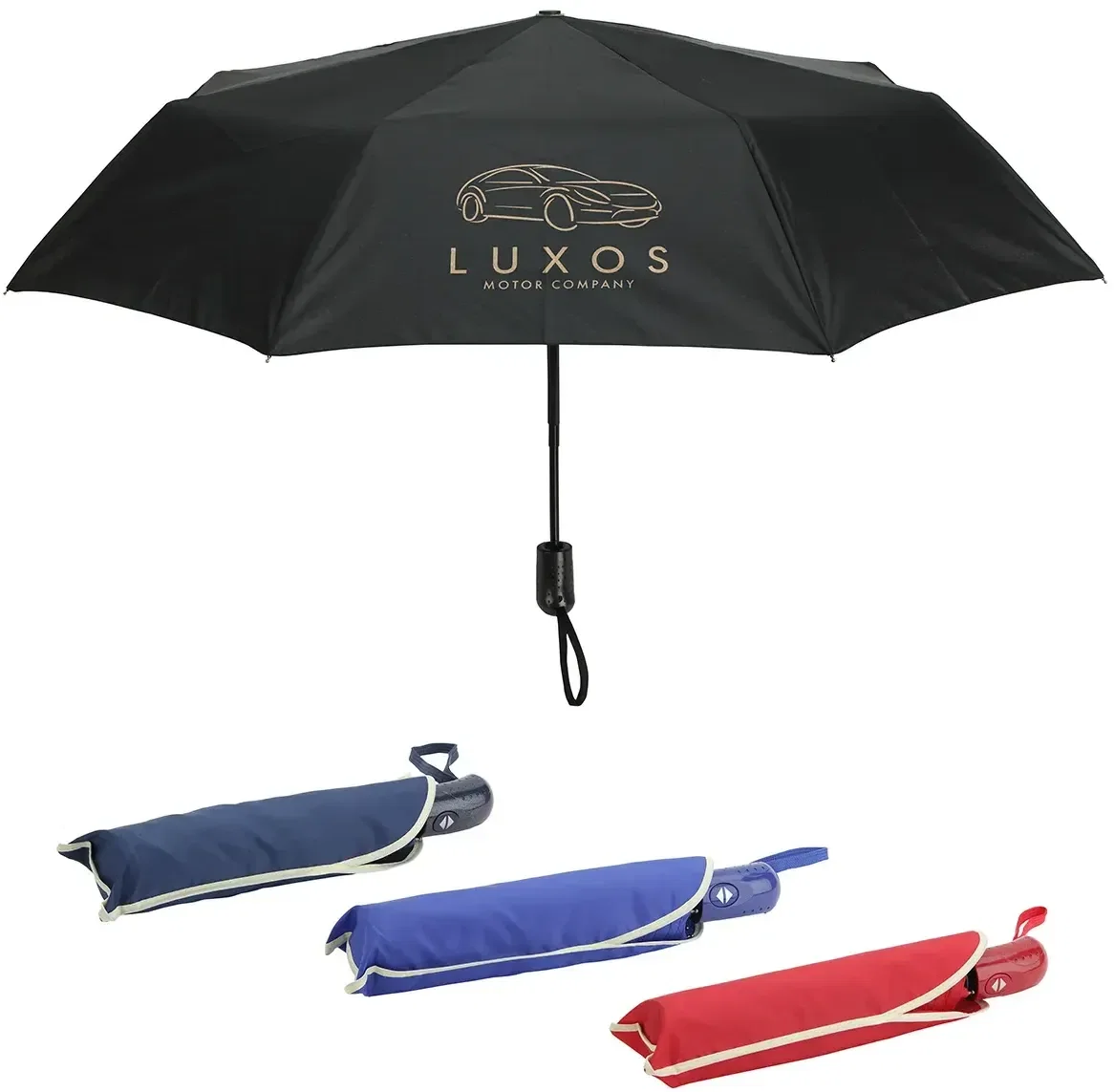 Horizon auto-open-close compact umbrella open, branded custom canopy, front view