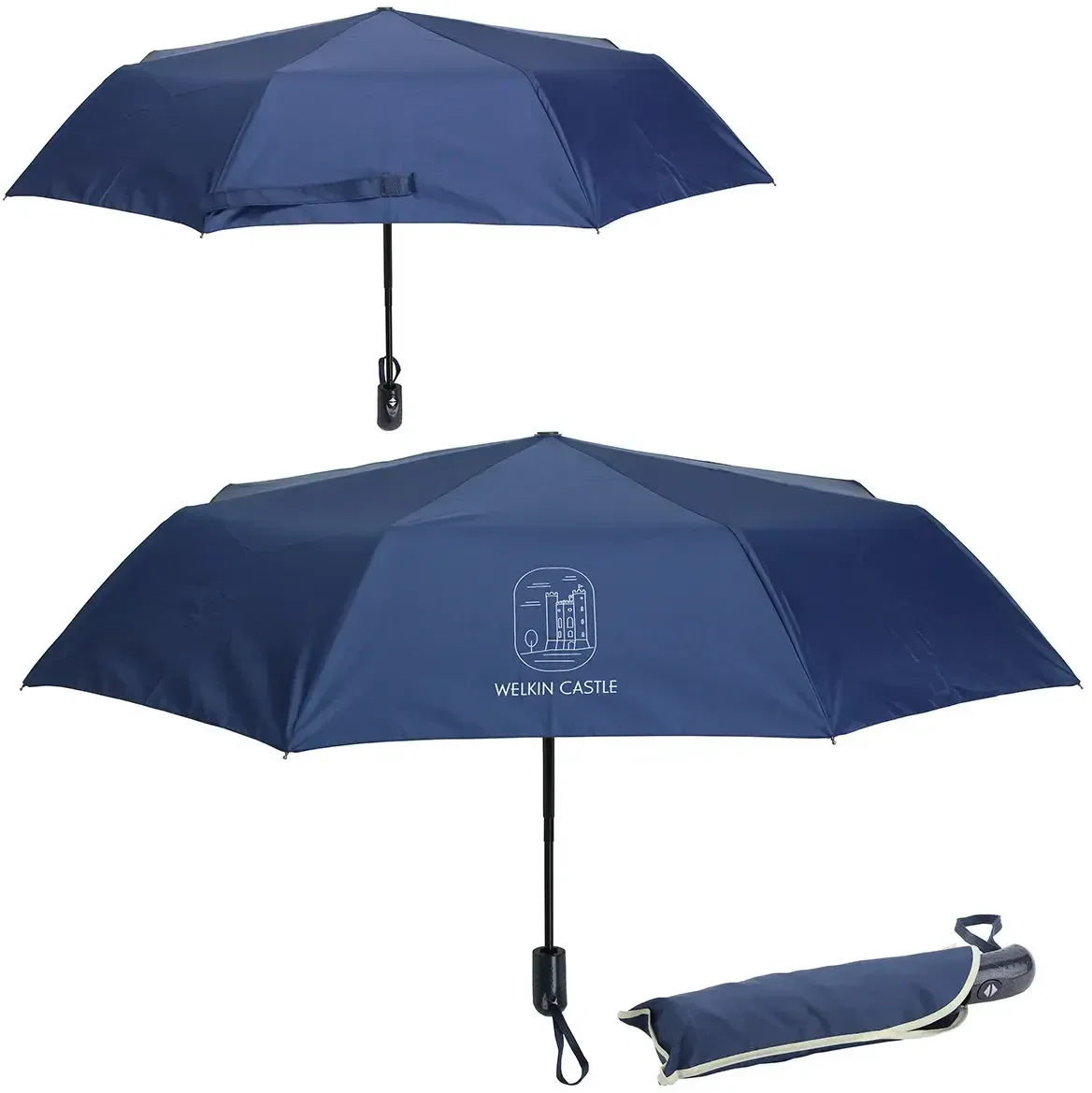 Custom Horizon compact umbrella folded down to purse size with branded sleeve