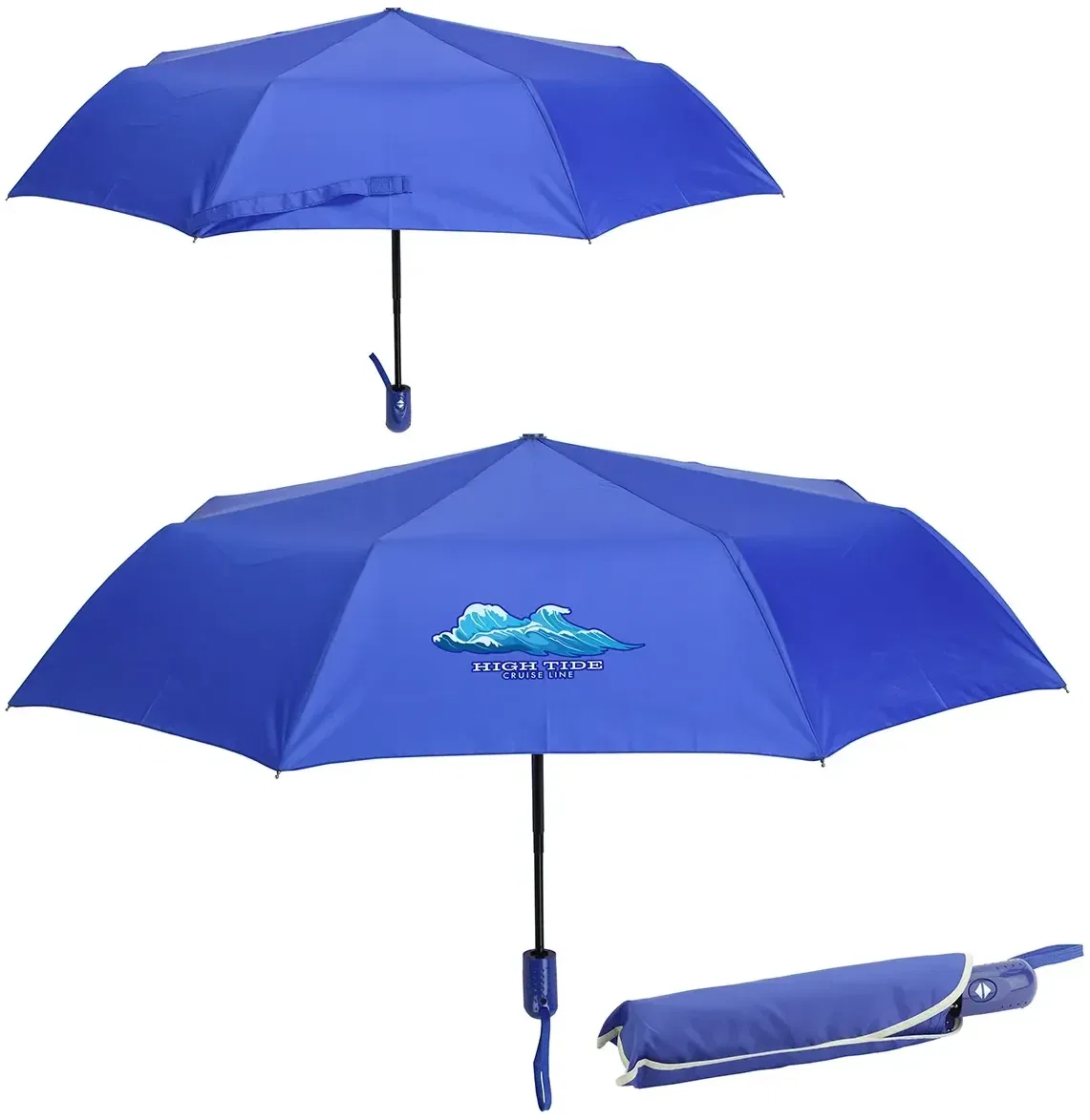 Branded Horizon umbrella showing auto-open push-button handle detail