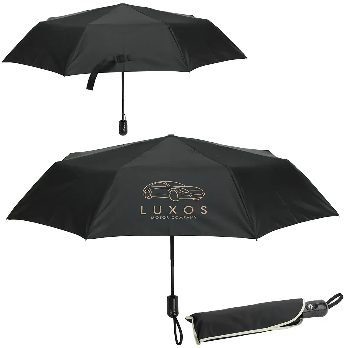 Close-up of logo-ready imprint panel on custom Horizon compact umbrella
