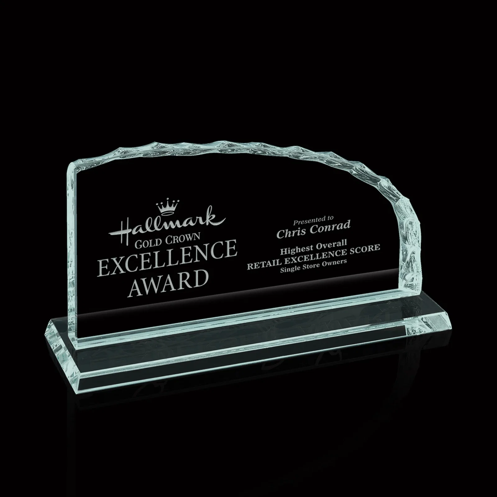 Custom Jade Glass Iceberg Award With A Straight Left Edge, Curved Top for corporate award ceremonies