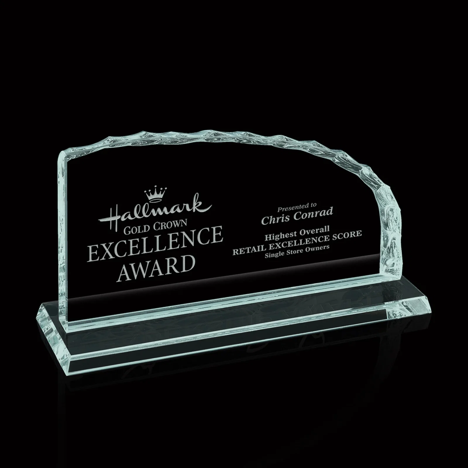 Custom Jade Glass Iceberg Award With A Straight Left Edge, Curved Top for service anniversary gifts