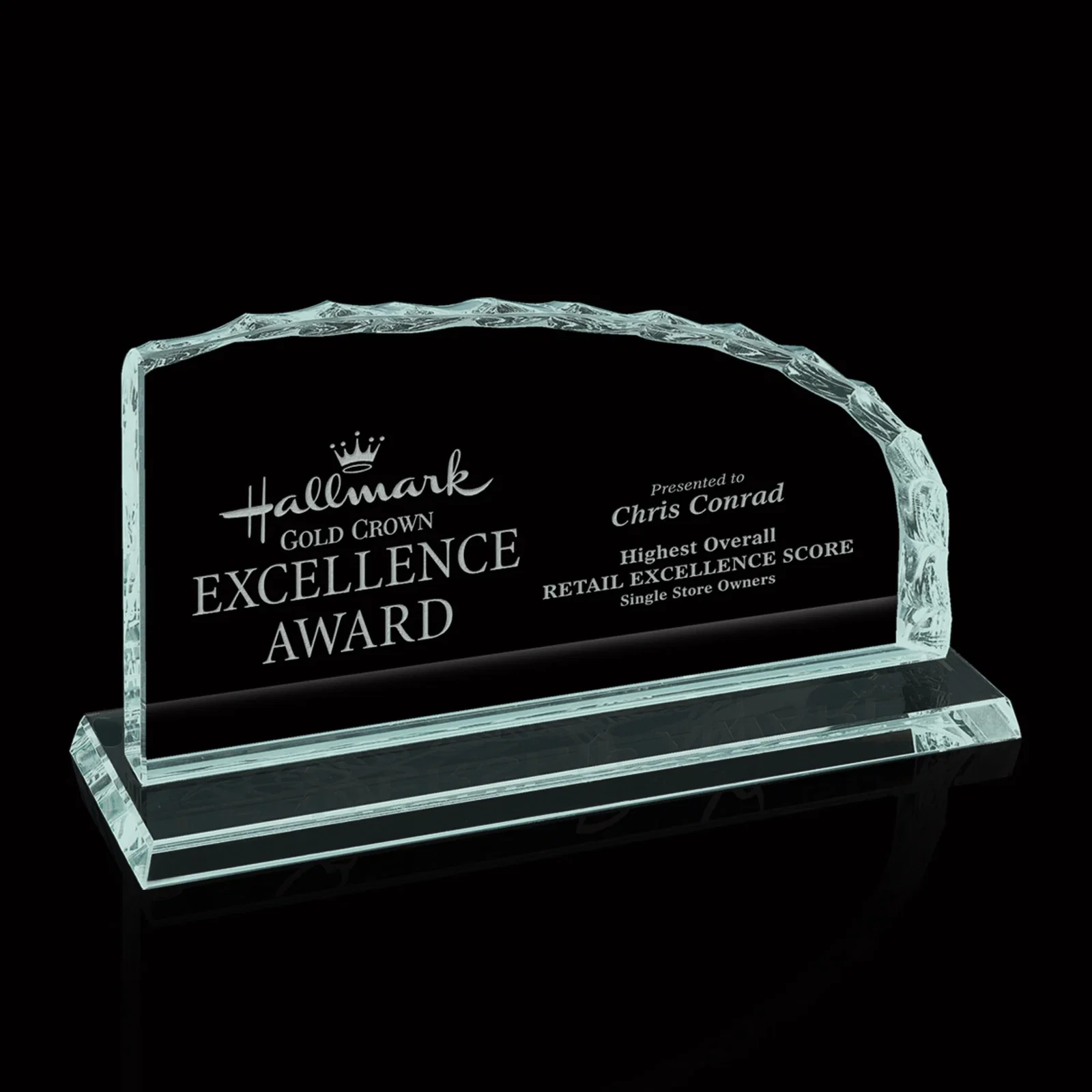 Custom Jade Glass Iceberg Award With A Straight Left Edge, Curved Top for sales achievement awards