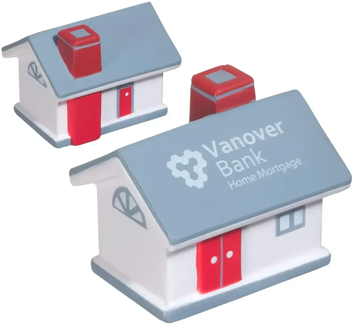 Home-shaped branded stress reliever close-up of logo area, custom promotional squeeze toy