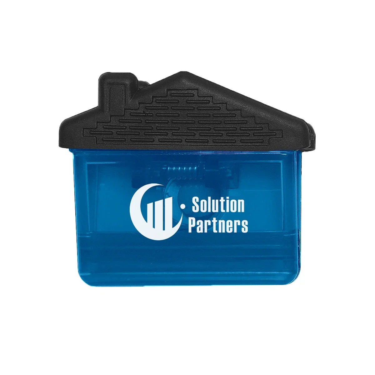 House shaped clip with a black grip holding paper