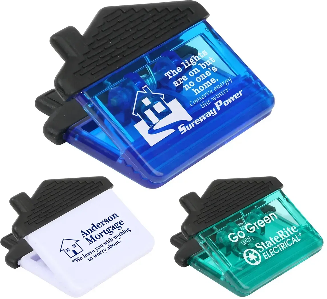 House-shaped custom branded magnetic power clip front view with logo area