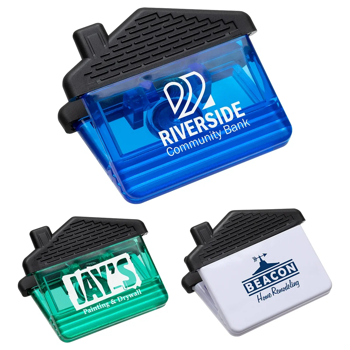 Close-up of branded magnetic power clip jaw and house silhouette