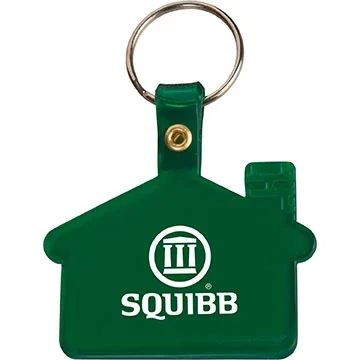 Soft flexible PVC house-shaped key tag shown with split ring attachment, angled view