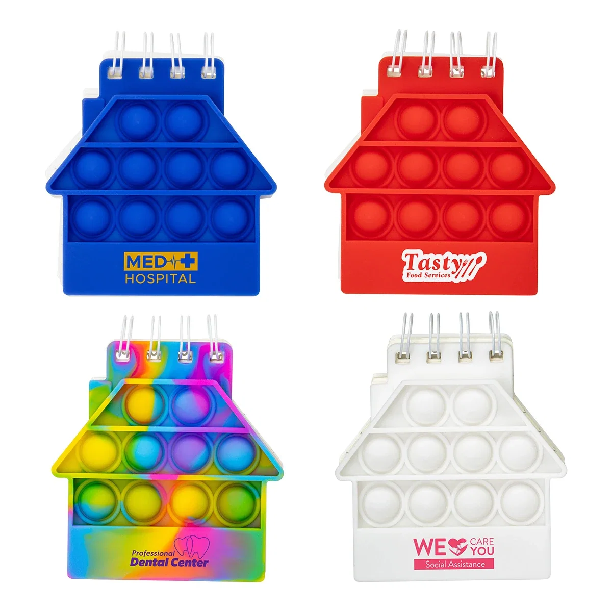 Custom Spiral Notebook Push Pop, front view of style 1 in the branded 5-style notebook set