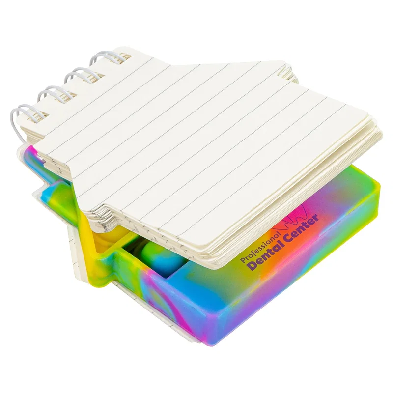 Promotional Spiral Notebook Push Pop on a desk, branded notebook lifestyle shot in style 2