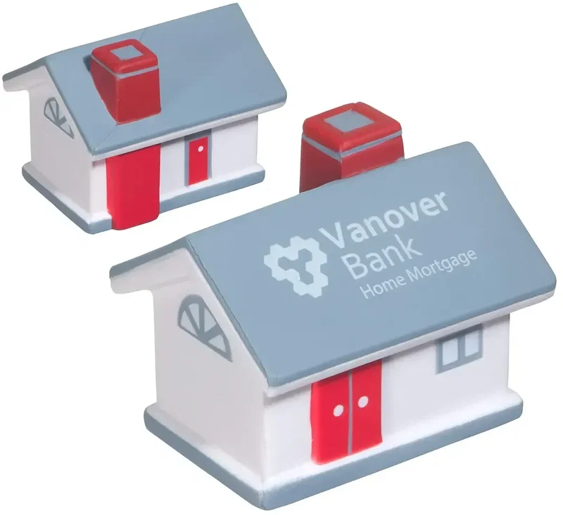 Home-shaped branded stress reliever close-up of logo area, custom promotional squeeze toy