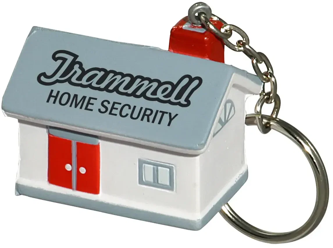 House Stress Reliever Key Chain, a branded cozy-house squeeze toy keyring for realtor custom logo giveaways