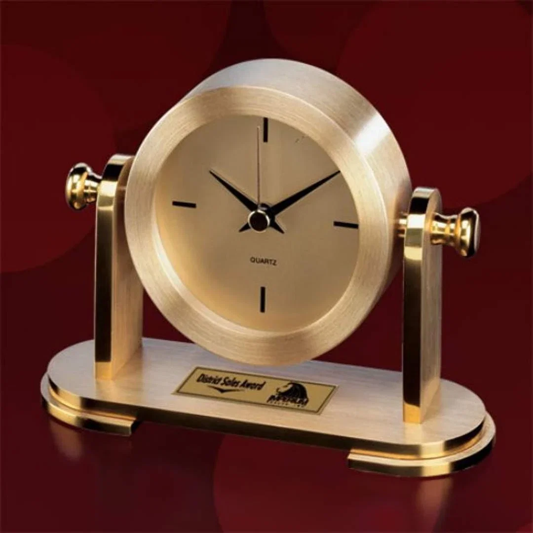 Custom Gold Finish Suspended Pivoting Quartz Clock for employee recognition