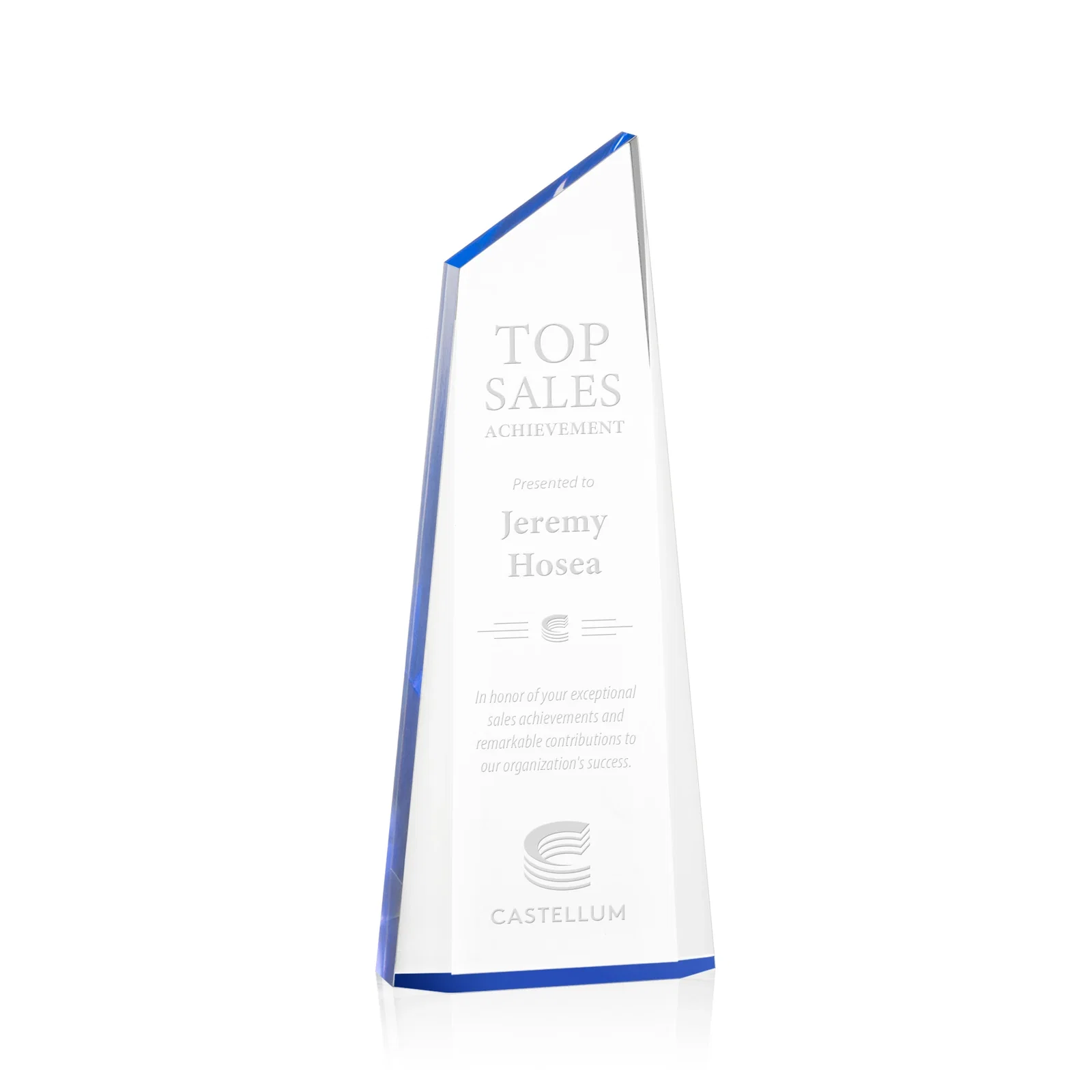 Custom Right-Facing Acrylic Peak Award with Beveled Sides for volunteer appreciation