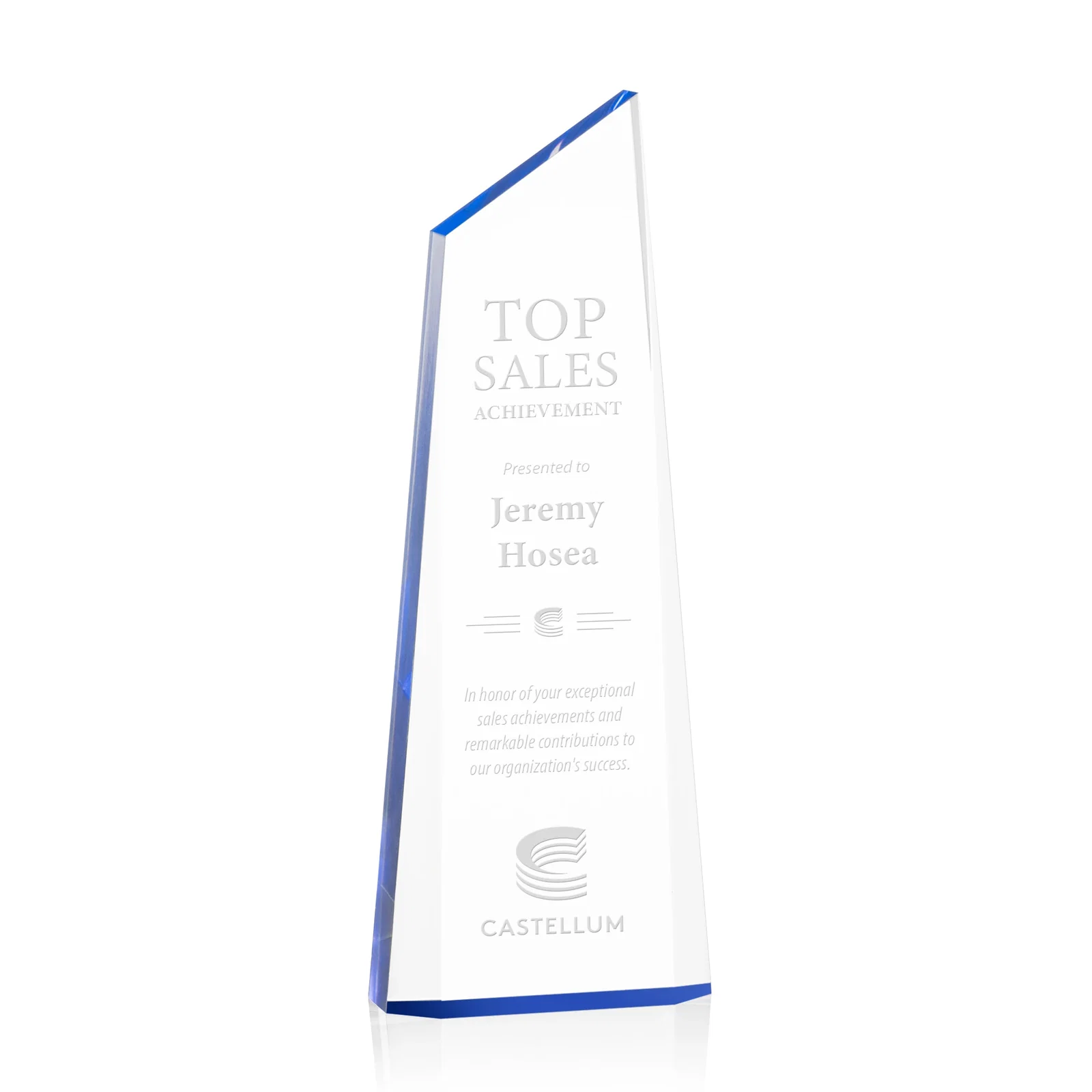 Custom Right-Facing Acrylic Peak Award with Beveled Sides for dealer and partner awards