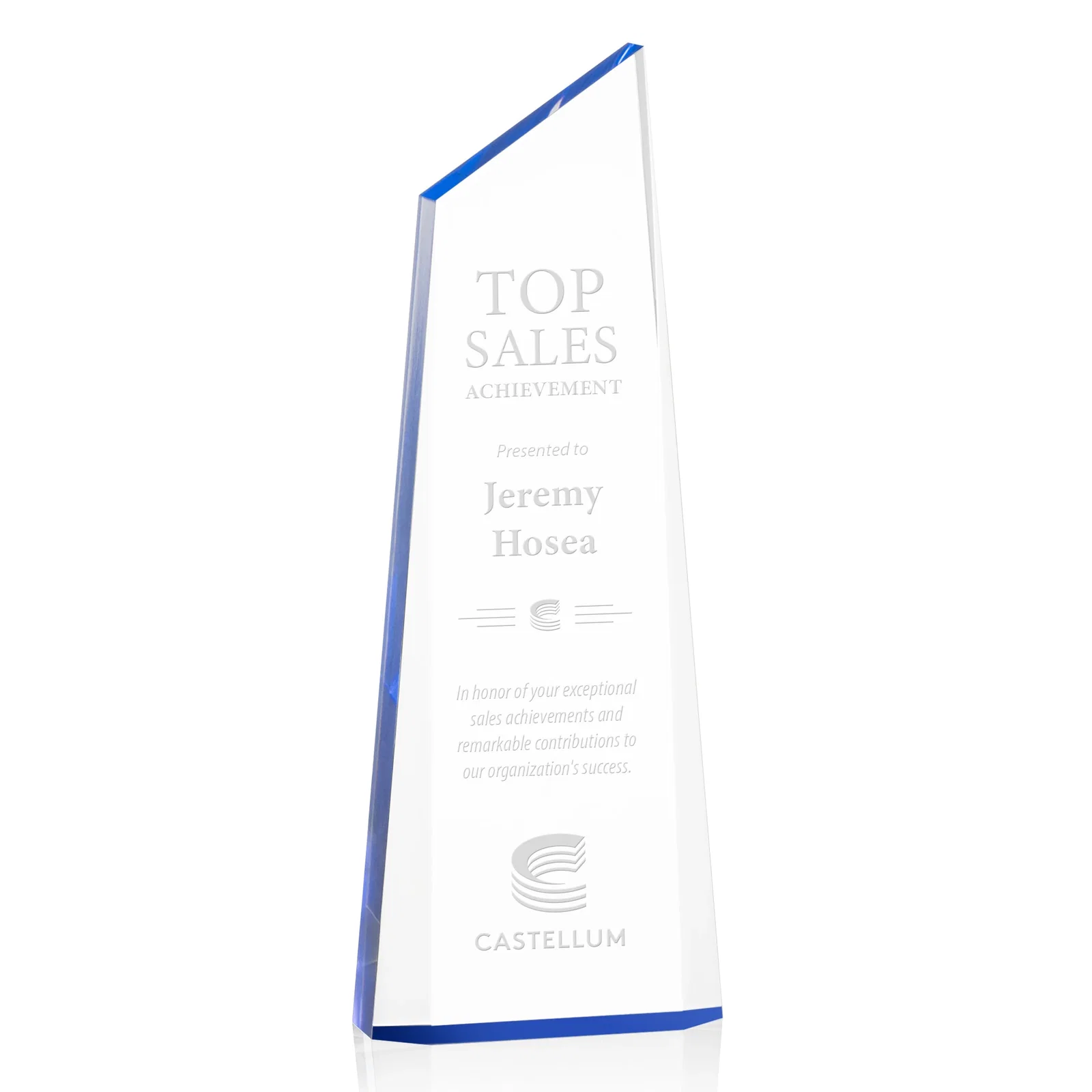 Custom Right-Facing Acrylic Peak Award with Beveled Sides for company anniversary events