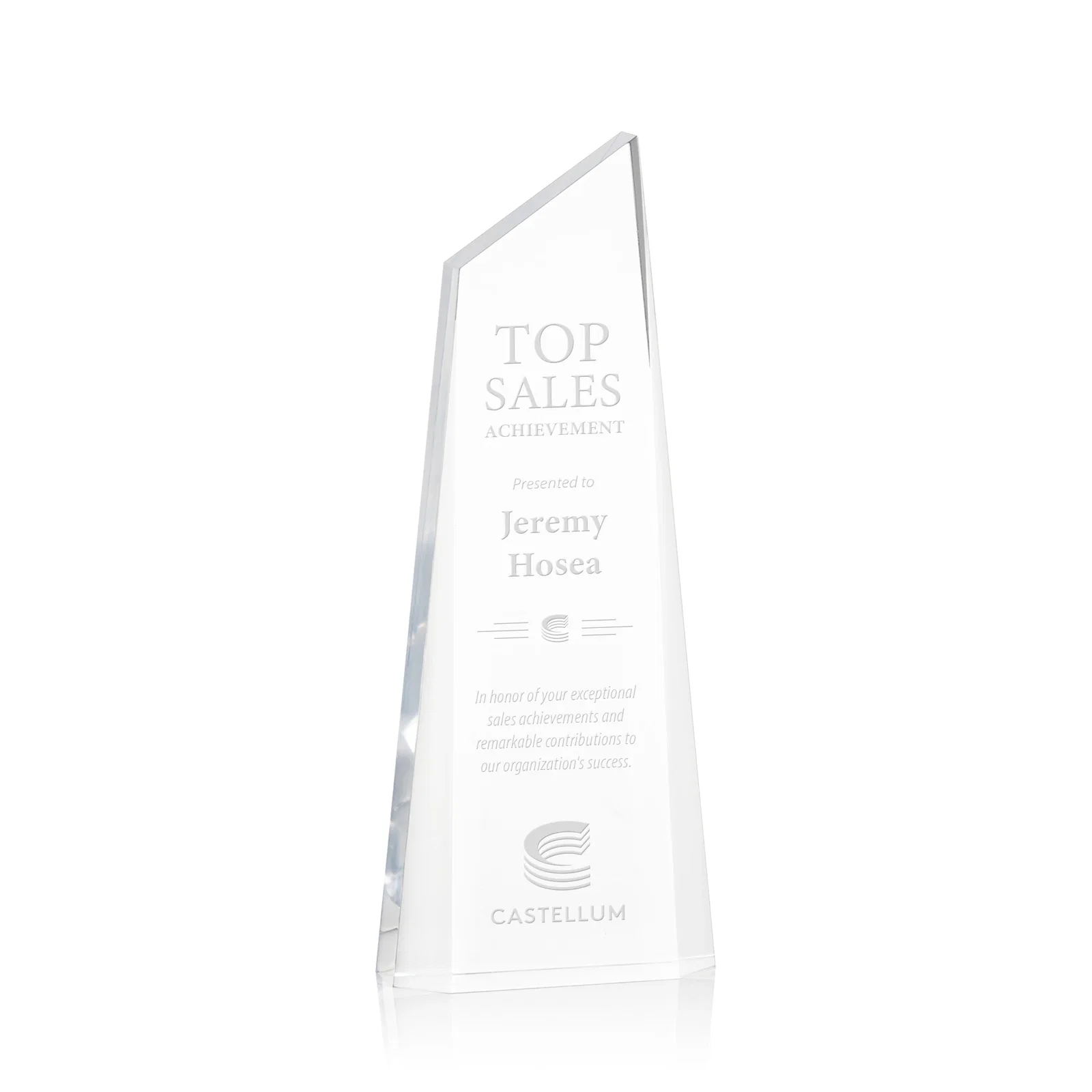 Custom Right-Facing Acrylic Peak Award with Beveled Sides for corporate award ceremonies