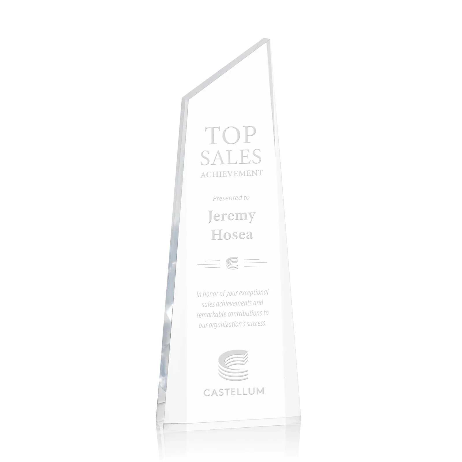 Custom Right-Facing Acrylic Peak Award with Beveled Sides for service anniversary gifts