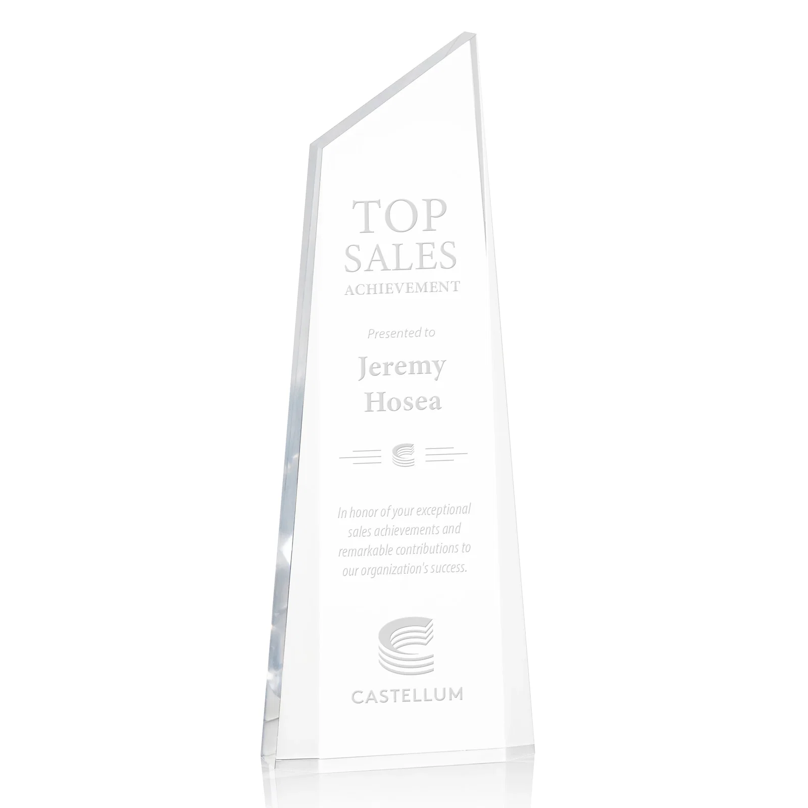 Custom Right-Facing Acrylic Peak Award with Beveled Sides for sales achievement awards