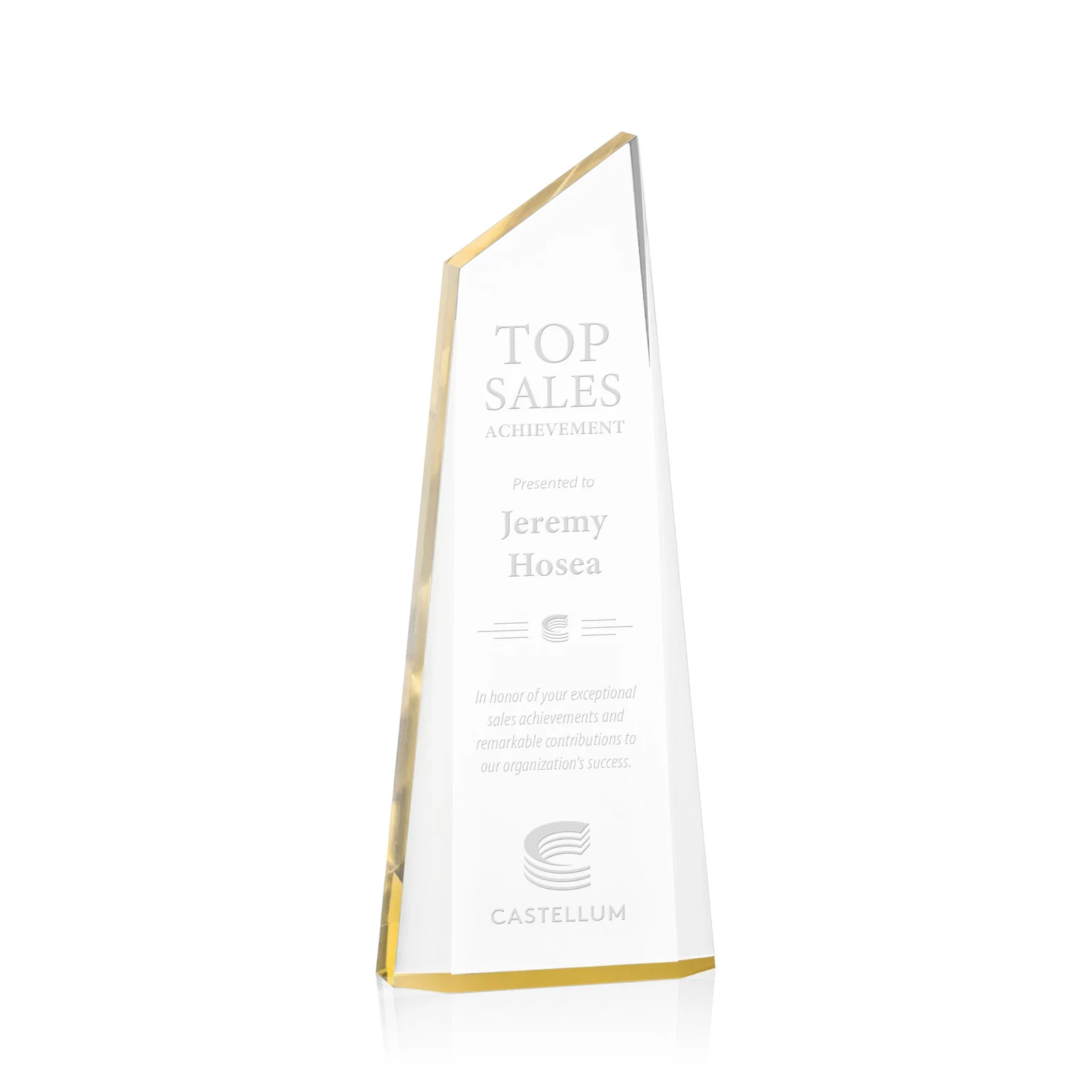 Custom Right-Facing Acrylic Peak Award with Beveled Sides for team milestone celebrations