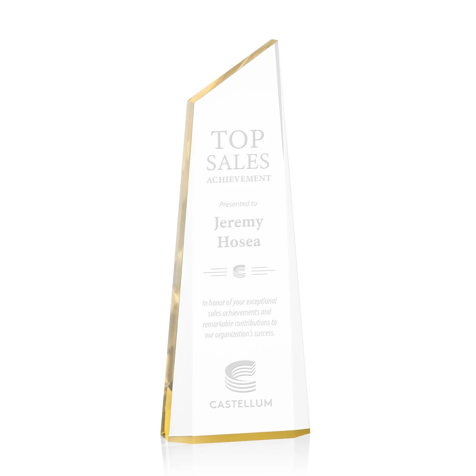 Custom Right-Facing Acrylic Peak Award with Beveled Sides for donor appreciation