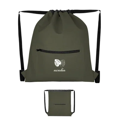 Hudson rPET drawstring bag standing upright with cords cinched shut