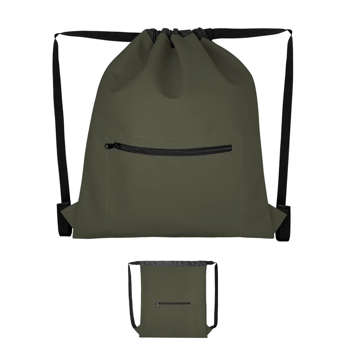 Olive colorway of the sack viewed from a slight angle
