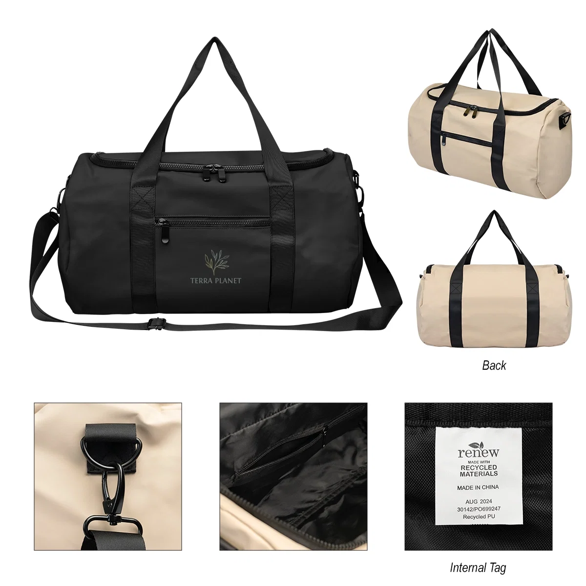 Leatherette duffel bag with dual handles and a zip top