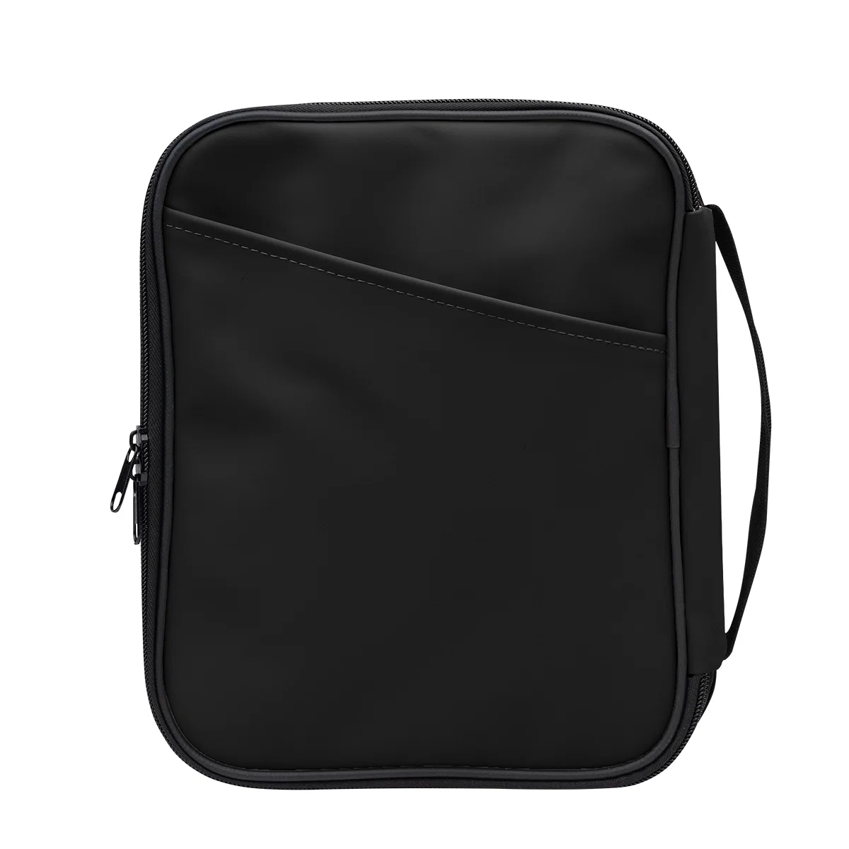 Side edge of the zippered organizer showing its slim travel depth