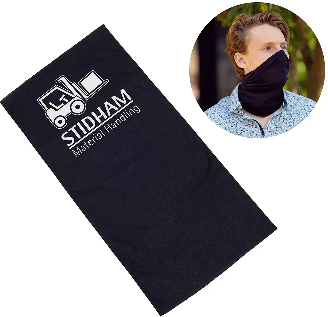 Custom Huggle tube mask twisted into a face covering with logo-ready print