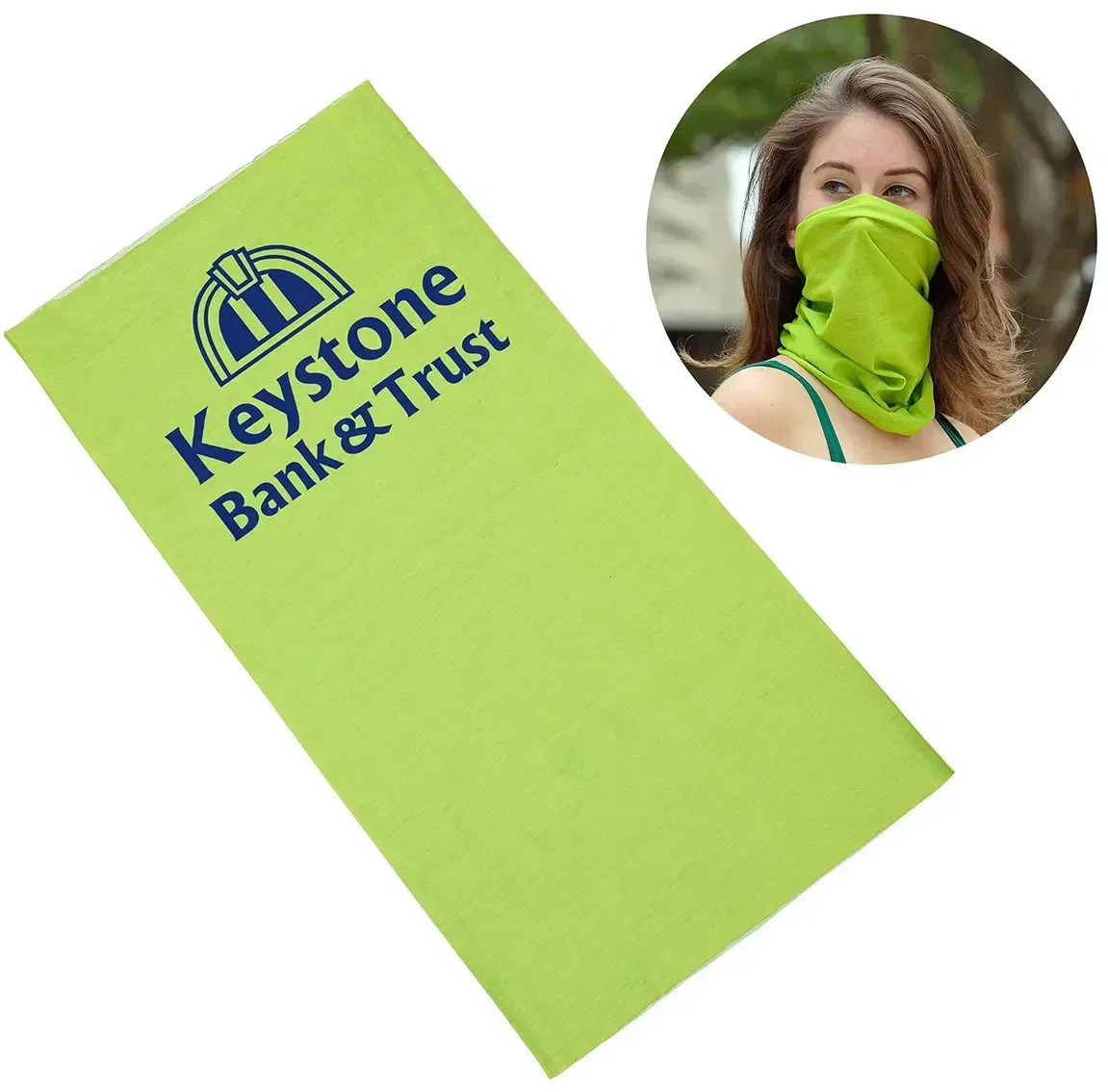 Branded Huggle microfiber tube worn as a headband for outdoor events