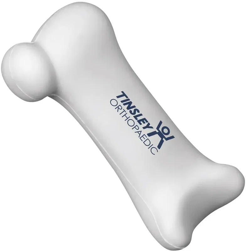 Bone-shaped custom stress reliever, branded promotional squeeze toy for orthopedic logo giveaways