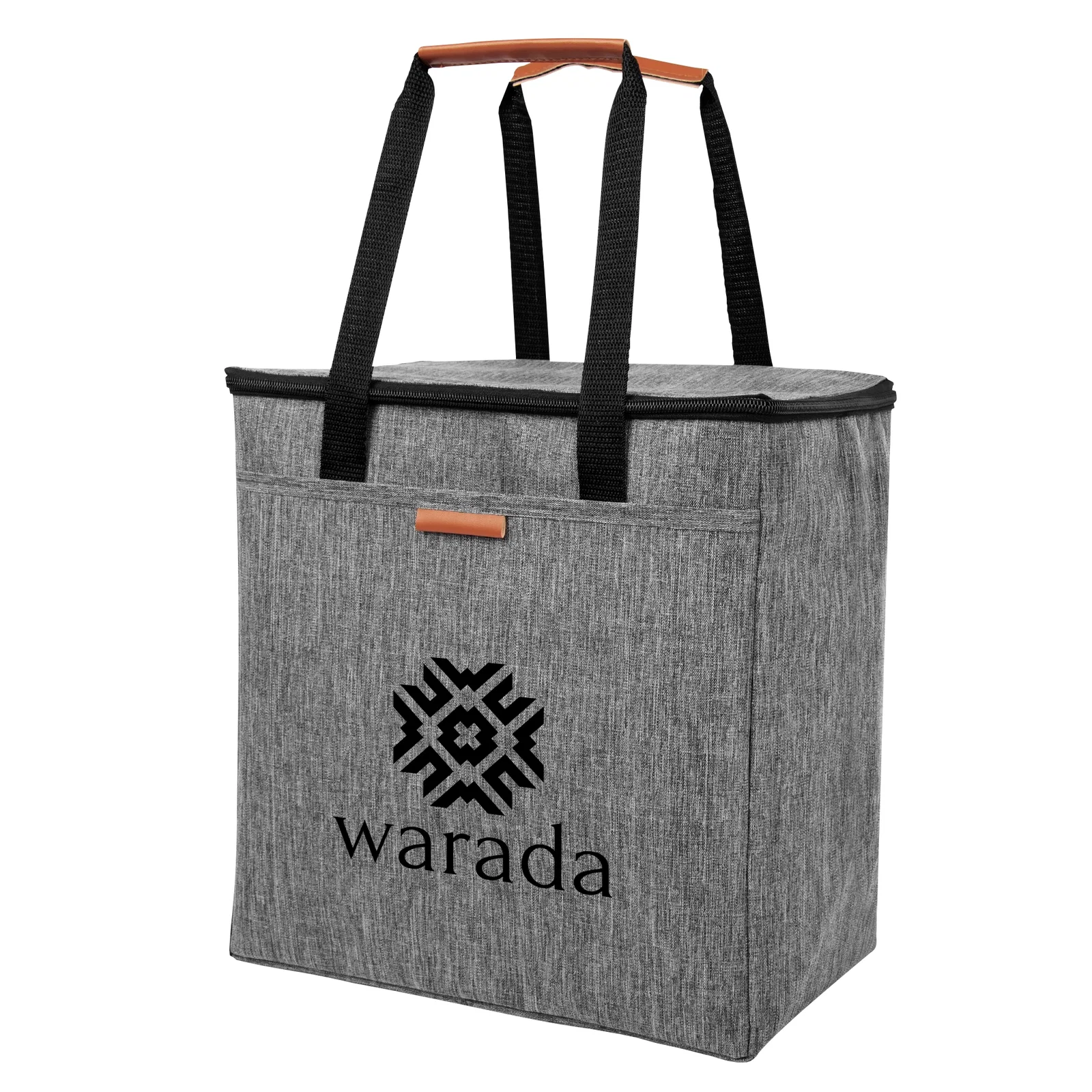 Heather gray cooler tote with a zippered top and handles