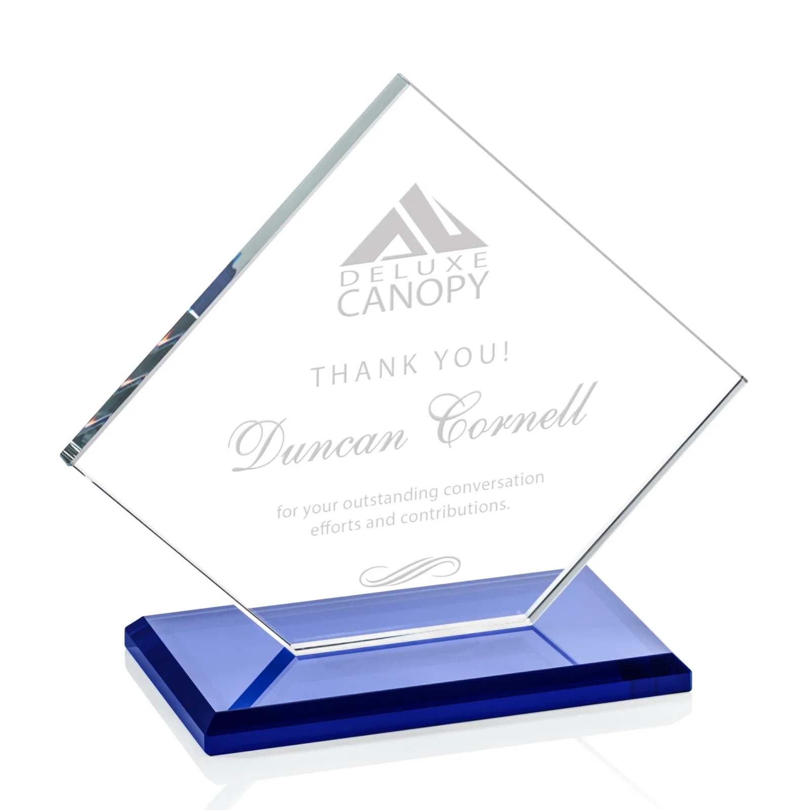 Personalized Starfire Crystal Diamond Award With One Cut Corner for donor appreciation