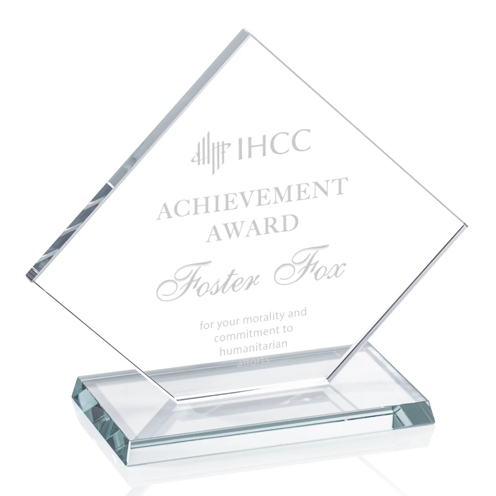 Custom Starfire Crystal Diamond Award With One Cut Corner for retirement presentations